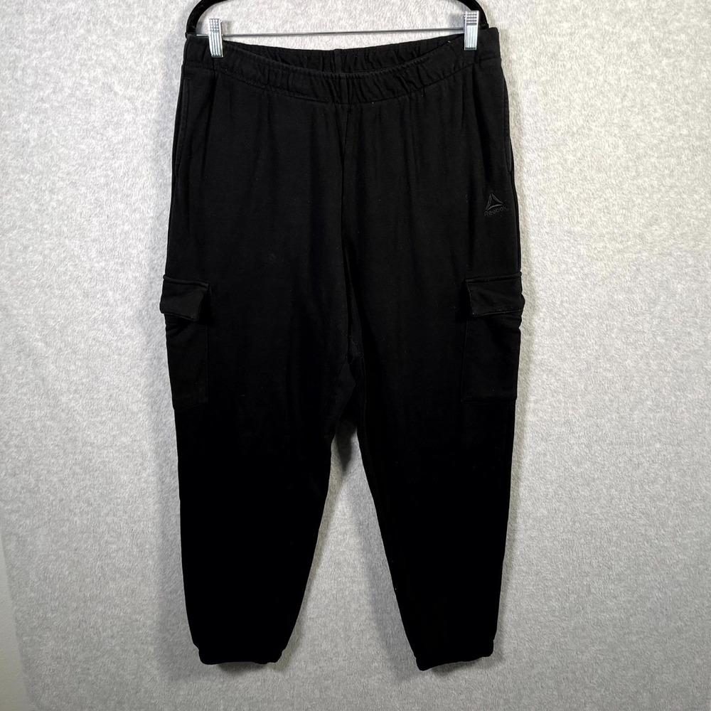 Reebok Jogger Pants Womens XL Black Logo Fleece Lined Tapered Leg Elastic Waist